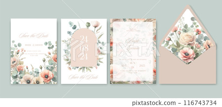 Set of card with flower rose, leaves. Vector decorative greeting card or invitation design background. Set of card with flower rose, leaves. Vector decorative greeting card or invitation design background. 116743734