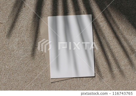 Empty greeting card invitation mockup, craft envelope on beige limestone backgound in sunlight. Palm leaf shadow overlay. Modern template, branding identity. Tropical summer, vacation. Flat lay, top Empty greeting card invitation mockup, craft envelope on beige limestone backgound in sunlight. Palm leaf shadow overlay. Modern template, branding identity. Tropical summer, vacation. Flat lay, top 116743765