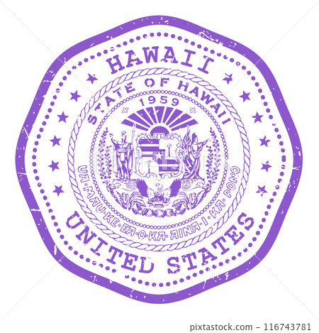 Hawaii state stamp with seal, USA travel stamp, shabby postmark of Hawaii, vector Hawaii state stamp with seal, USA travel stamp, shabby postmark of Hawaii, vector 116743781