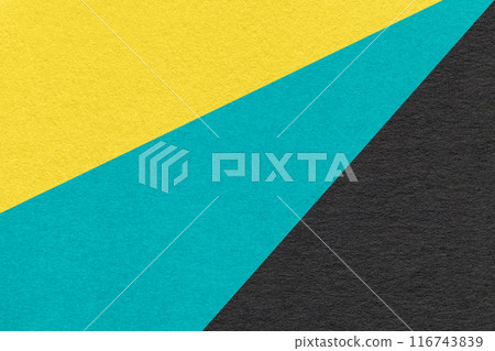 Texture old craft yellow, turquoise and black paper background. Vintage cerulean abstract cardboard 116743839