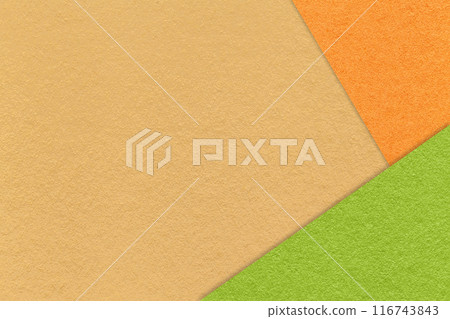 Texture craft yellow paper background with orange and green border. Vintage abstract ocher cardboard. 116743843