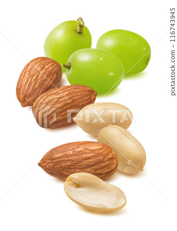 Green grapes, almond nuts and peanuts isolated on white background. Vertical layout 116743945