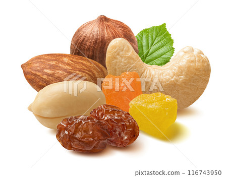 Almond, hazelnut, peanut and cashew nuts, candied fruit plus raisins isolated on white background 116743950