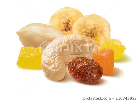 Peanut, cashew nut, candied fruit, raisins and banana chips isolated on white background 116743952
