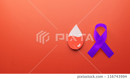 National ITP (Immune thrombocytopenic purpura) awareness month in september. Blood drop shape with purple ribbon on red background. National ITP (Immune thrombocytopenic purpura) awareness month in september. Blood drop shape with purple ribbon on red background. 116743994