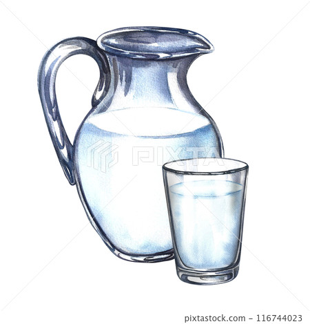 A glass jug and a glass of milk. A hand-drawn watercolor illustration. Isolate it. For advertising banners and flyers about milk, packaging with labels of dairy products. For menus and recipes. A glass jug and a glass of milk. A hand-drawn watercolor illustration. Isolate it. For advertising banners and flyers about milk, packaging with labels of dairy products. For menus and recipes. 116744023