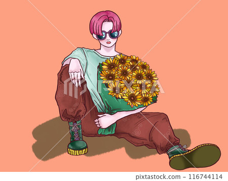 男孩拿著一束向日葵,朱紅色的背景,陰影 男孩拿著一束向日葵,朱紅色的背景,陰影 116744114