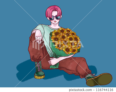 Boy holding a bouquet of sunflowers, blue background, shadow Boy holding a bouquet of sunflowers, blue background, shadow 116744116