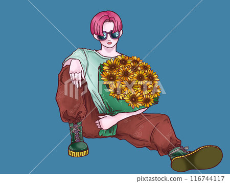 Boy holding a bouquet of sunflowers on blue background Boy holding a bouquet of sunflowers on blue background 116744117