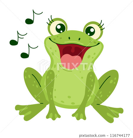 Cute Green Frog Singing with Musical Notes, trendy flat style 116744177