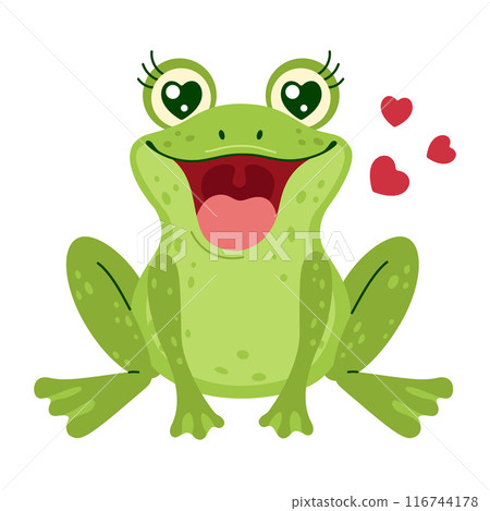 loving Green frog with heart eyes and red hearts, flat style 116744178