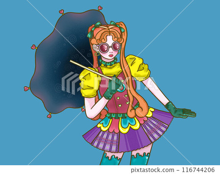 Girl holding an umbrella on blue background Girl holding an umbrella on blue background 116744206