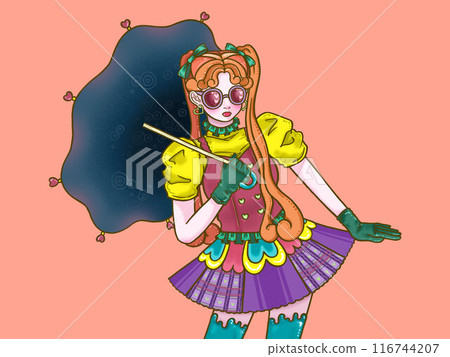 Girl holding an umbrella on a vermilion background Girl holding an umbrella on a vermilion background 116744207