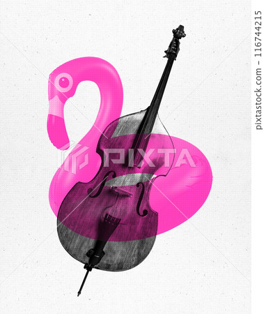 Contemporary art collage. Vintage cello overlaid on pink inflatable flamingo float, blending classical and playful themes. Surreal artwork. 116744215