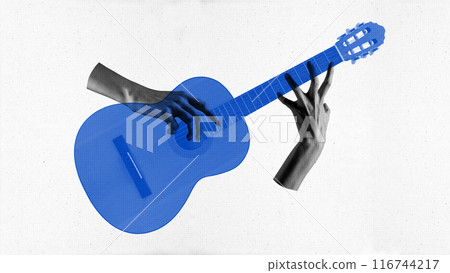 Contemporary art collage. Monochrome hands playing melodies on blue acoustic guitar against white background. Surreal artwork. 116744217
