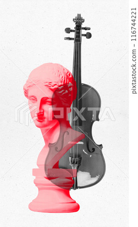 Contemporary art collage. Red Greek sculpture overlaid against black and white violin, blending ancient art with musical elegance. Surreal artwork. Contemporary art collage. Red Greek sculpture overlaid against black and white violin, blending ancient art with musical elegance. Surreal artwork. 116744221