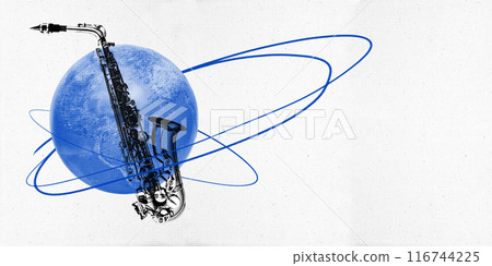 Contemporary art collage. Silhouette of sax overlaid on blue cosmic object, planet. Creativity and inspiration. Surreal artwork. Contemporary art collage. Silhouette of sax overlaid on blue cosmic object, planet. Creativity and inspiration. Surreal artwork. 116744225