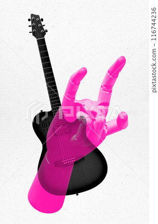 Contemporary art collage. Pink robotic hand overlaid on black and white guitar against white background. Fusion of music styles. Surreal artwork. 116744236