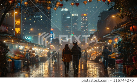 A couple exploring a bustling city together, walking hand in hand through a lively street market A couple exploring a bustling city together, walking hand in hand through a lively street market 116744270