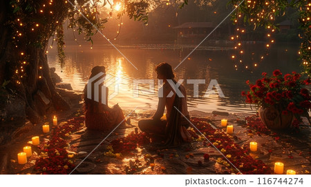 A magical garden setting where a couple sitting together amidst blooming flowers, fairy lights, and a tranquil pond 116744274