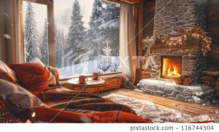 Cozy winter cabin retreat, a crackling fireplace, surrounded by snow-covered pine trees outside, warm blankets, and mugs of hot cocoa 116744304