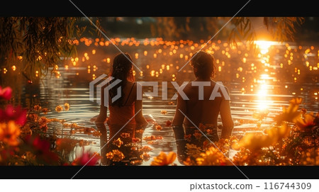 A magical garden setting where a couple sitting together amidst blooming flowers, fairy lights, and a tranquil pond 116744309