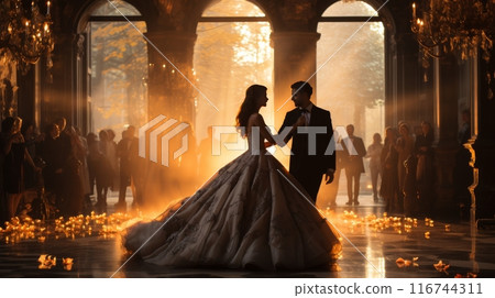 A couple dancing in a grand ballroom, dressed in elegant attire with flowing gowns and suits A couple dancing in a grand ballroom, dressed in elegant attire with flowing gowns and suits 116744311