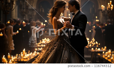 A couple dancing in a grand ballroom, dressed in elegant attire with flowing gowns and suits 116744312