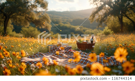 A sunny picnic scene in a picturesque meadow, a basket of delicious food, and butterflies fluttering around A sunny picnic scene in a picturesque meadow, a basket of delicious food, and butterflies fluttering around 116744314