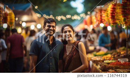A couple immersed in a vibrant cultural festival, with colorful decorations and traditional costumes A couple immersed in a vibrant cultural festival, with colorful decorations and traditional costumes 116744319