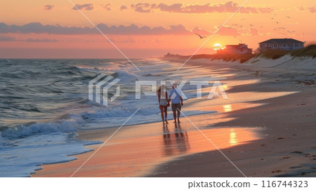 Romantic scene of a couple walking hand in hand along a serene beach at sunset, with soft waves lapping at their feet Romantic scene of a couple walking hand in hand along a serene beach at sunset, with soft waves lapping at their feet 116744323