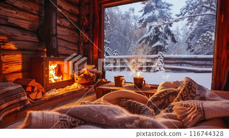 Cozy winter cabin retreat, a crackling fireplace, surrounded by snow-covered pine trees outside, warm blankets, and mugs of hot cocoa 116744328