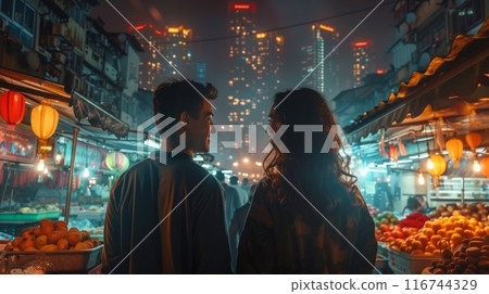 A couple exploring a bustling city together, walking hand in hand through a lively street market A couple exploring a bustling city together, walking hand in hand through a lively street market 116744329