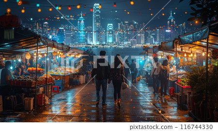 A couple exploring a bustling city together, walking hand in hand through a lively street market A couple exploring a bustling city together, walking hand in hand through a lively street market 116744330