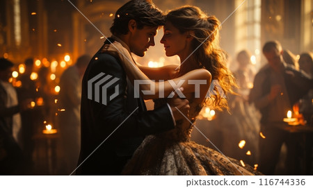 A couple dancing in a grand ballroom, dressed in elegant attire with flowing gowns and suits 116744336