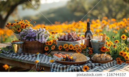 A sunny picnic scene in a picturesque meadow, a basket of delicious food, and butterflies fluttering around 116744337