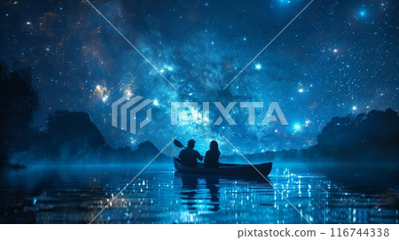 A couple in a boat gliding across a lake under a starry sky, surrounded by dense forest and shimmering water 116744338