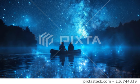 A couple in a boat gliding across a lake under a starry sky, surrounded by dense forest and shimmering water 116744339