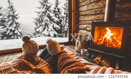 Cozy winter cabin retreat with a couple sitting by a crackling fireplace, surrounded by snow-covered pine trees outside, warm blankets, and mugs of hot cocoa 116744348