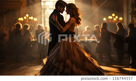 A couple dancing in a grand ballroom, dressed in elegant attire with flowing gowns and suits 116744357