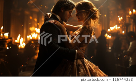 A couple dancing in a grand ballroom, dressed in elegant attire with flowing gowns and suits 116744358