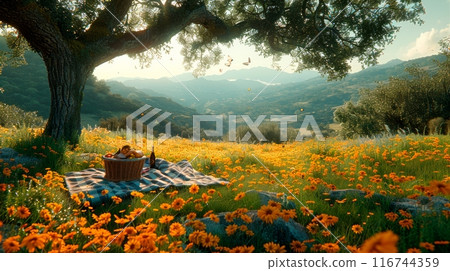 A sunny picnic scene in a picturesque meadow, a basket of delicious food, and butterflies fluttering around A sunny picnic scene in a picturesque meadow, a basket of delicious food, and butterflies fluttering around 116744359