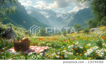 A sunny picnic scene in a picturesque meadow, a basket of delicious food, and butterflies fluttering around 116744360