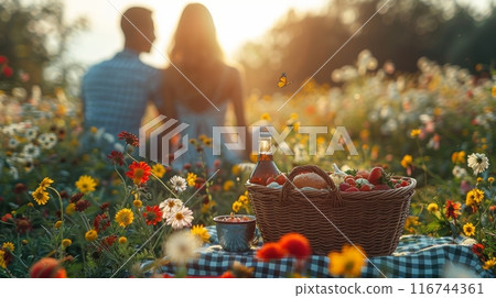 A sunny picnic scene in a picturesque meadow, a basket of delicious food, and butterflies fluttering around 116744361