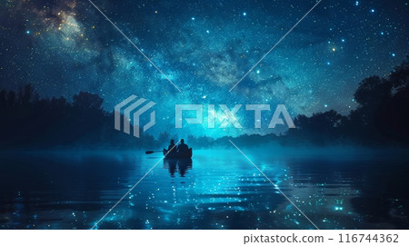 A couple in a boat gliding across a lake under a starry sky, surrounded by dense forest and shimmering water 116744362
