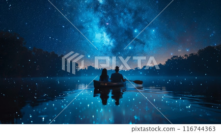 A couple in a boat gliding across a lake under a starry sky, surrounded by dense forest and shimmering water A couple in a boat gliding across a lake under a starry sky, surrounded by dense forest and shimmering water 116744363