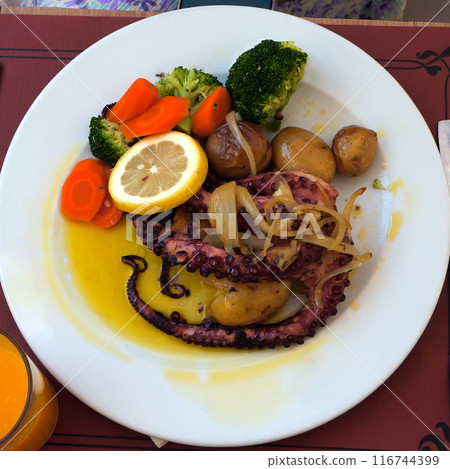 Octopus with Vegetables in Seafood Restaurant in Nazare, Portugal. 116744399