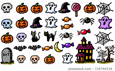 Spooky halloween icons including pumpkins, ghosts and witches 116744516