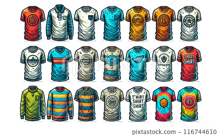 A collection of T-shirt illustrations with various designs including graphic prints and logos 116744610