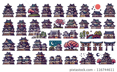 A collection of illustrations of Japanese castles in different styles 116744611
